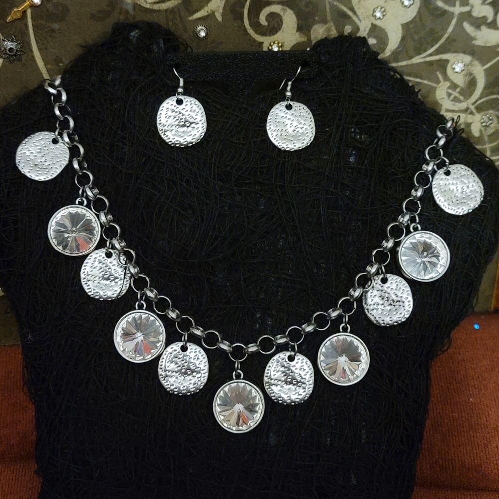 Silver Necklace & Earring Set (Coins & Crystals)